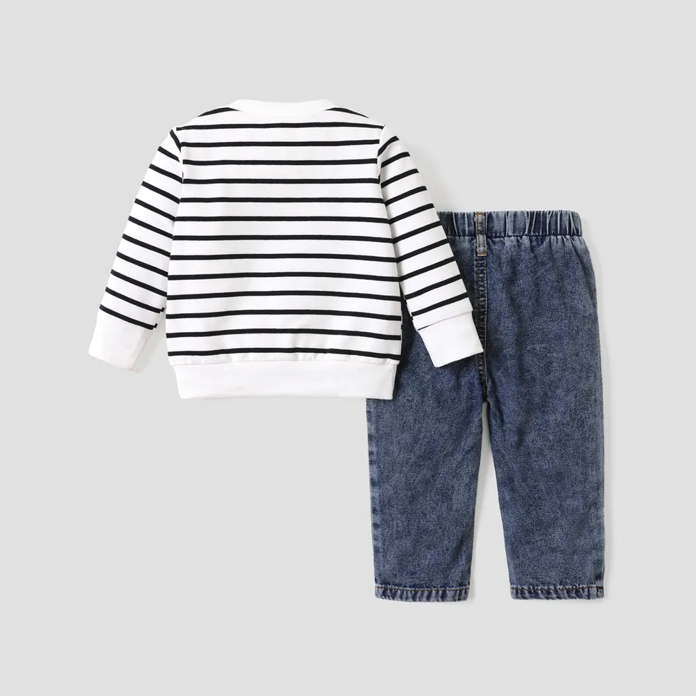 2pcs Baby Boy 95% Cotton Long-sleeve Elephant Embroidered Striped Sweatshirt & Denim Jeans Set big image 3