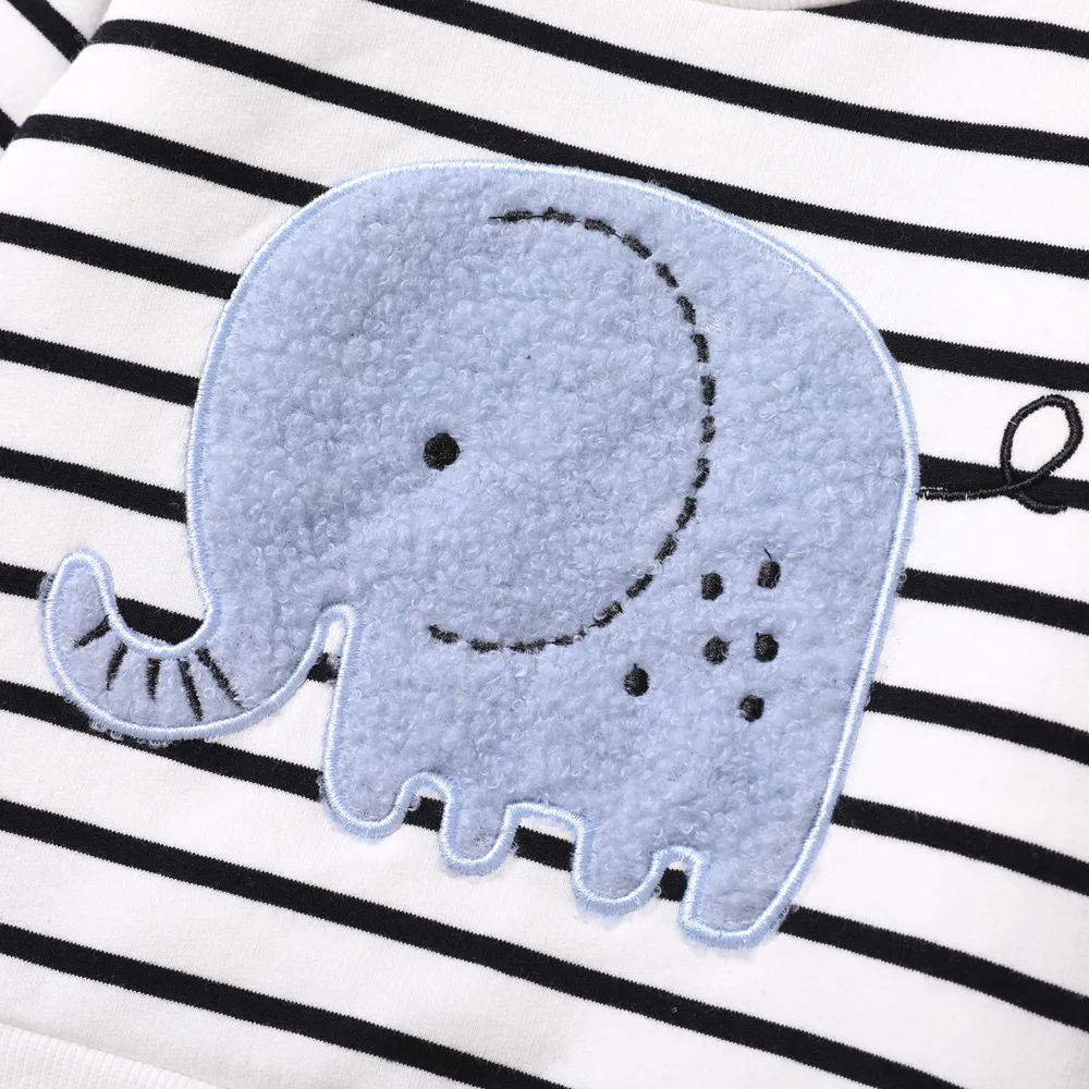 2pcs Baby Boy 95% Cotton Long-sleeve Elephant Embroidered Striped Sweatshirt & Denim Jeans Set big image 2