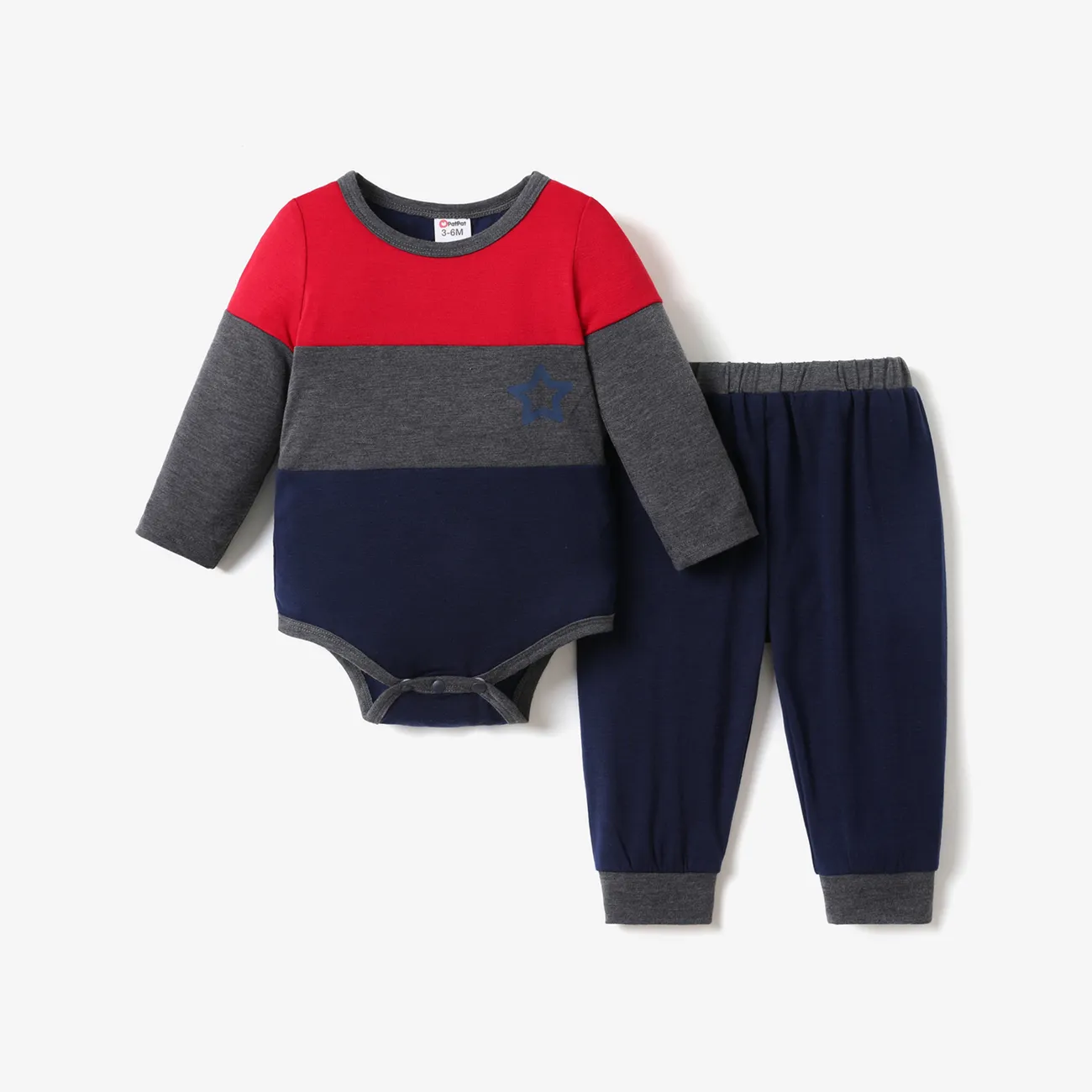 2pcs Baby Boy Striped Long-sleeve Romper and Solid Trousers Set Dark Blue big image 1