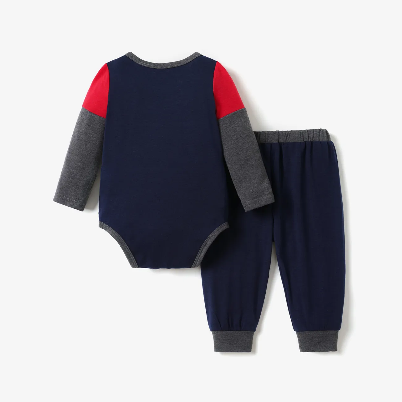 2pcs Baby Boy Striped Long-sleeve Romper and Solid Trousers Set Dark Blue big image 1
