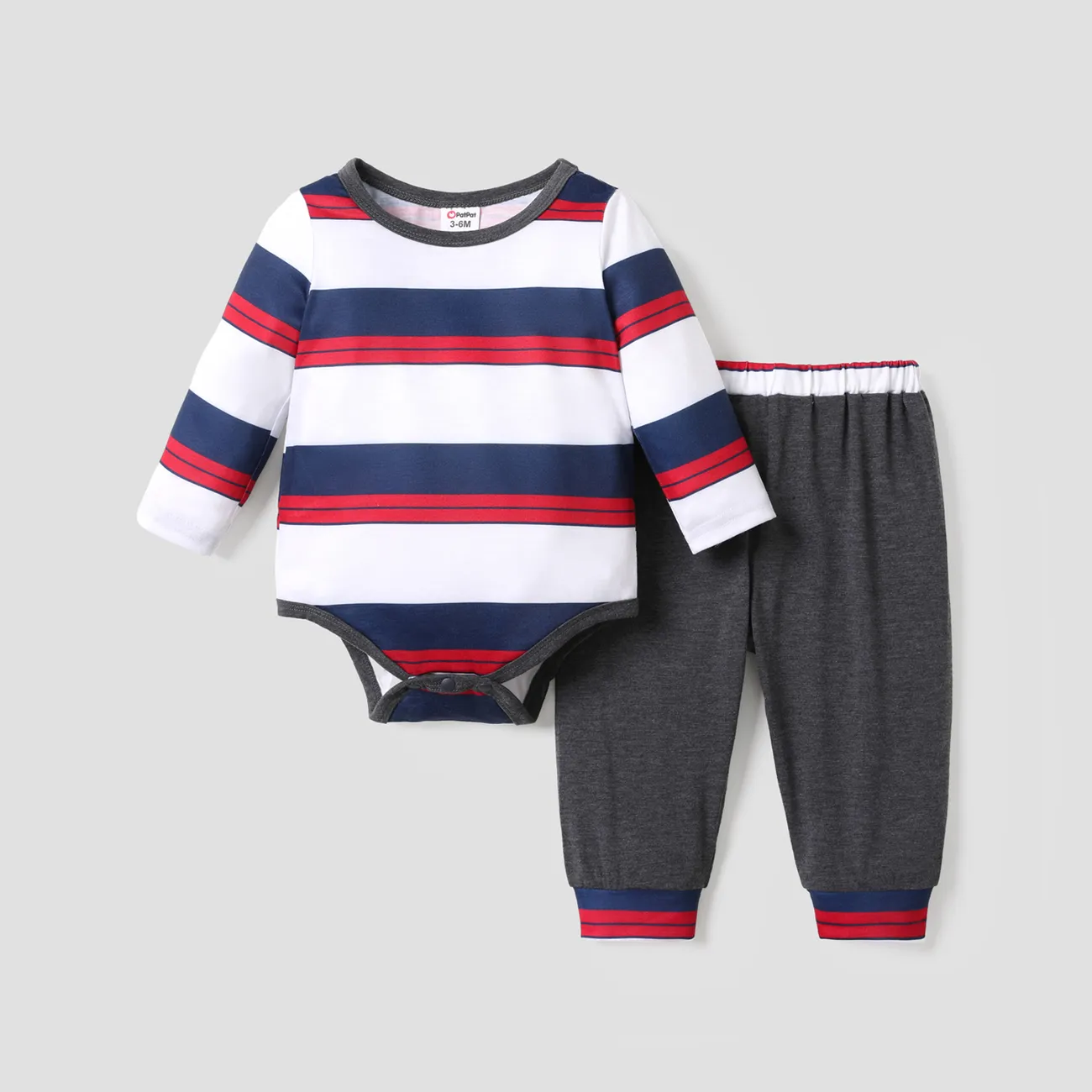2pcs Baby Boy Striped Long-sleeve Romper and Solid Trousers Set Grey big image 1