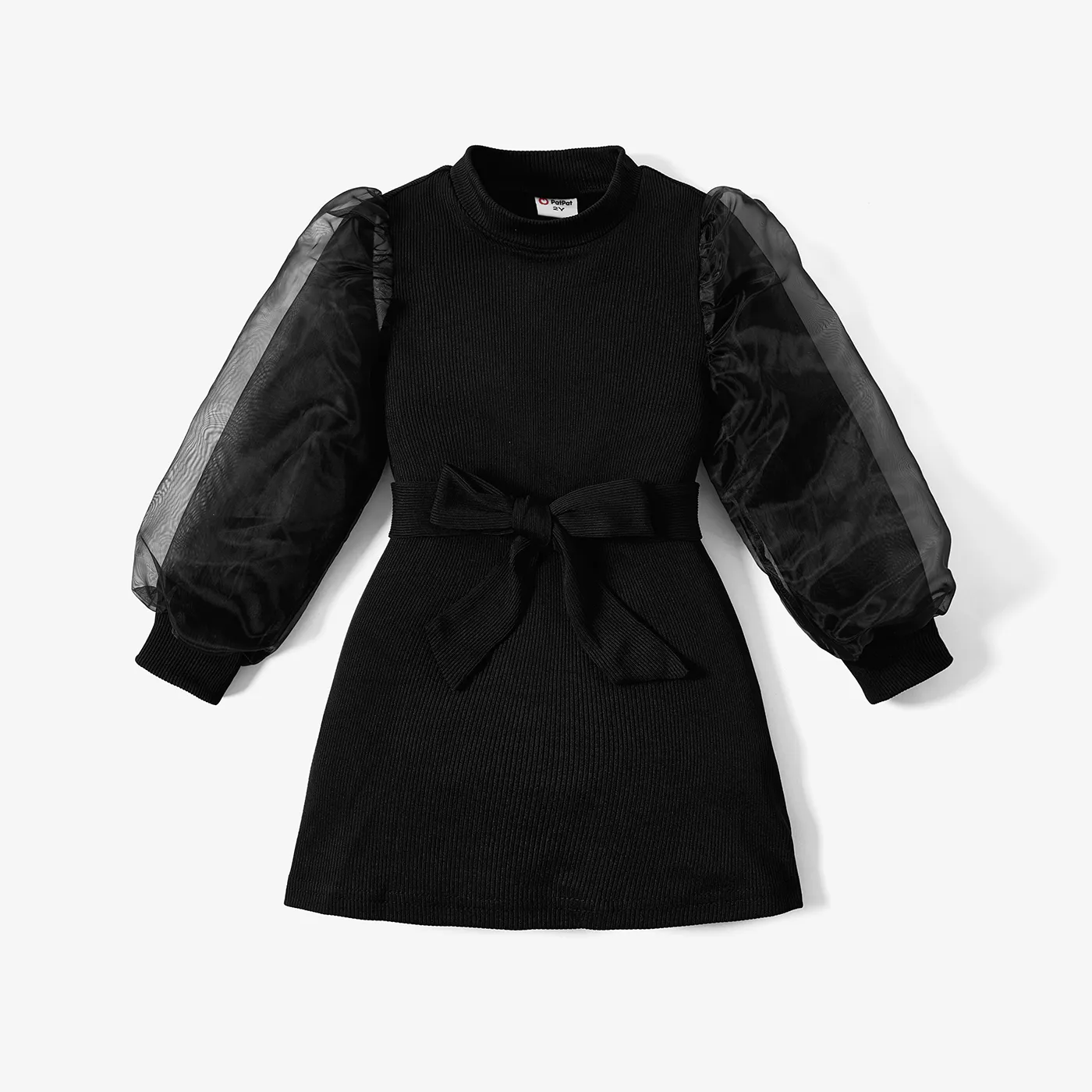 Toddler Girl Mock Neck Mesh Design Puff-sleeve Belted Black Dress