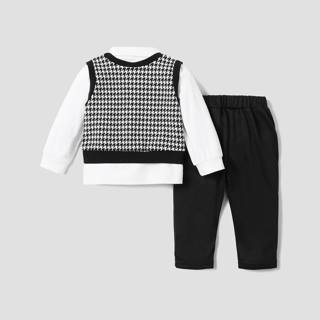 3-Pack Baby Boy Houndstooth Vest and Solid Long-sleeve Shirt with Pants Set BlackandWhite big image 1