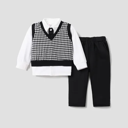 3-Pack Baby Boy Houndstooth Vest and Solid Long-sleeve Shirt with Pants Set