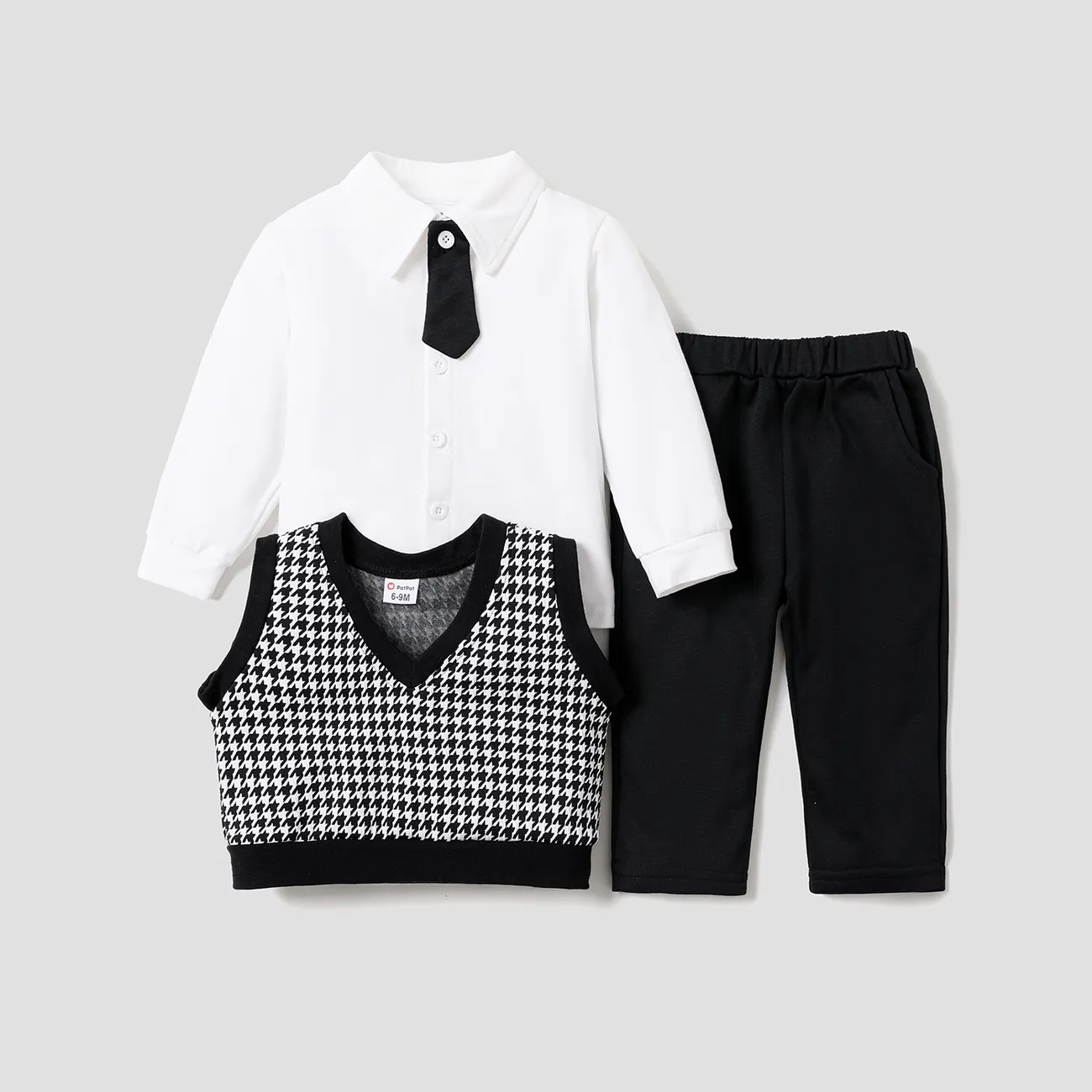 3-Pack Baby Boy Houndstooth Vest and Solid Long-sleeve Shirt with Pants Set BlackandWhite big image 1