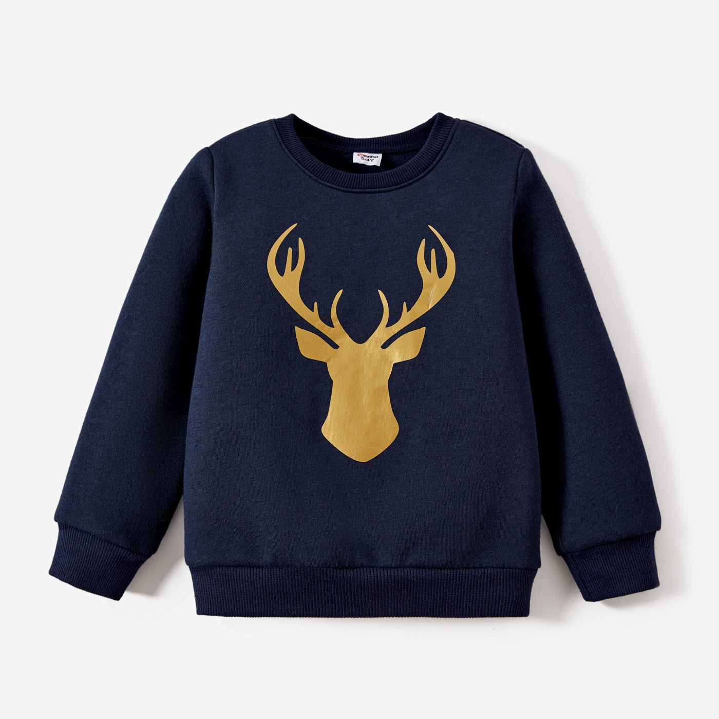 Christmas Family Matching Solid Color Reindeer Print Cotton Long Sleeve Tops