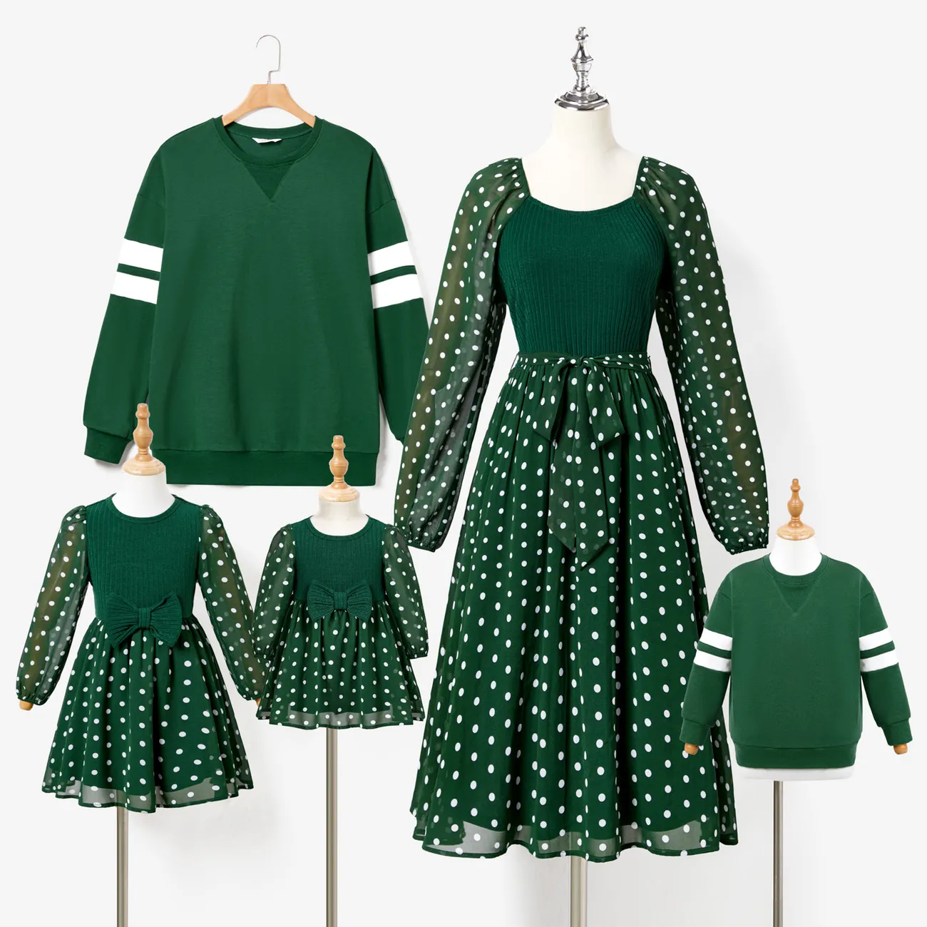 Family Matching Long-sleeve Green Tops and Polka Dot Mesh Splicing Belted Dresses Sets Dark Green big image 1