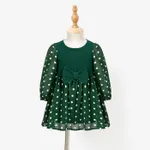 Family Matching Long-sleeve Green Tops and Polka Dot Mesh Splicing Belted Dresses Sets  image 2