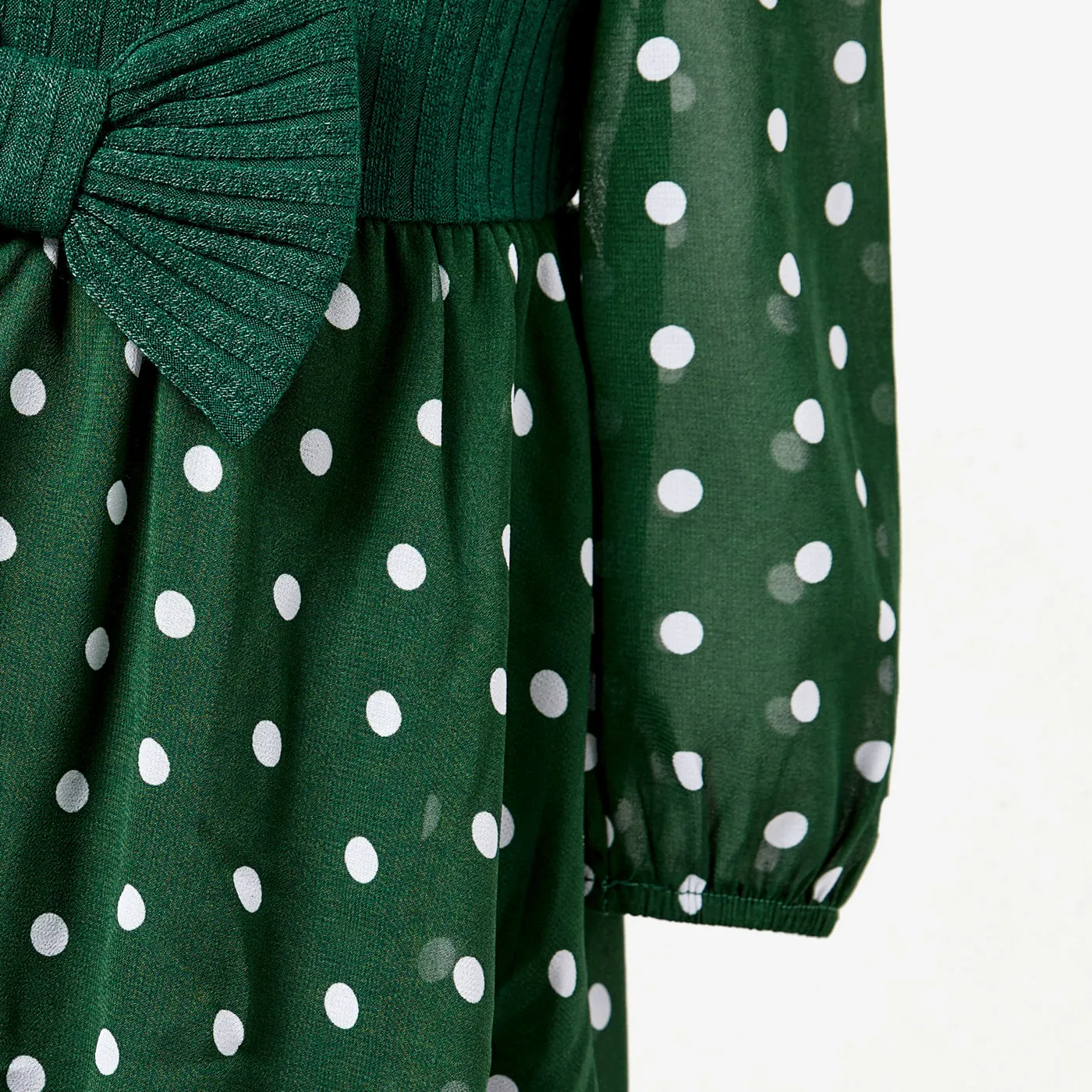 Family Matching Long-sleeve Green Tops and Polka Dot Mesh Splicing Belted Dresses Sets Dark Green image 5