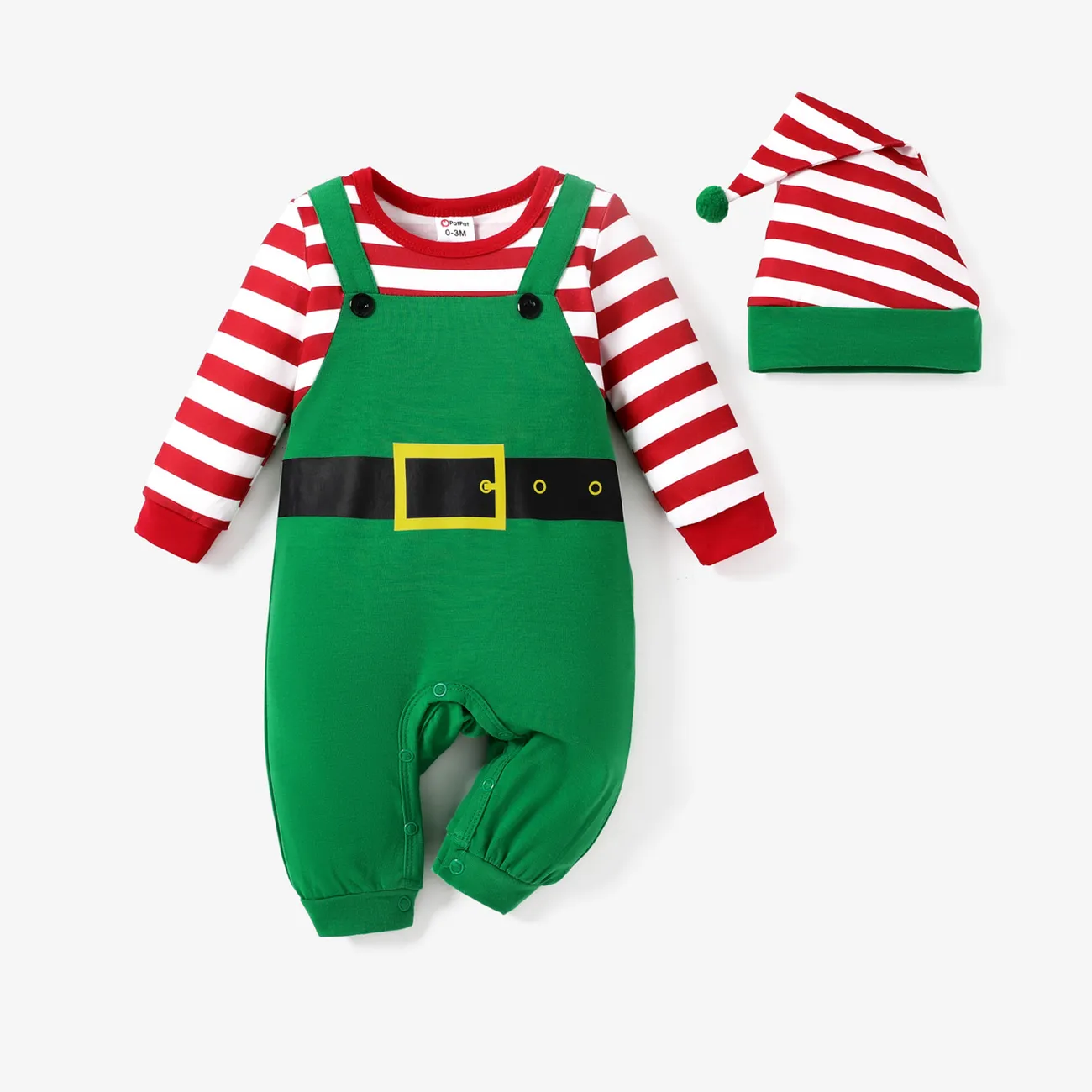 2pcs Baby Girl/Boy Christmas Jumpsuit Set with Hat Green big image 1