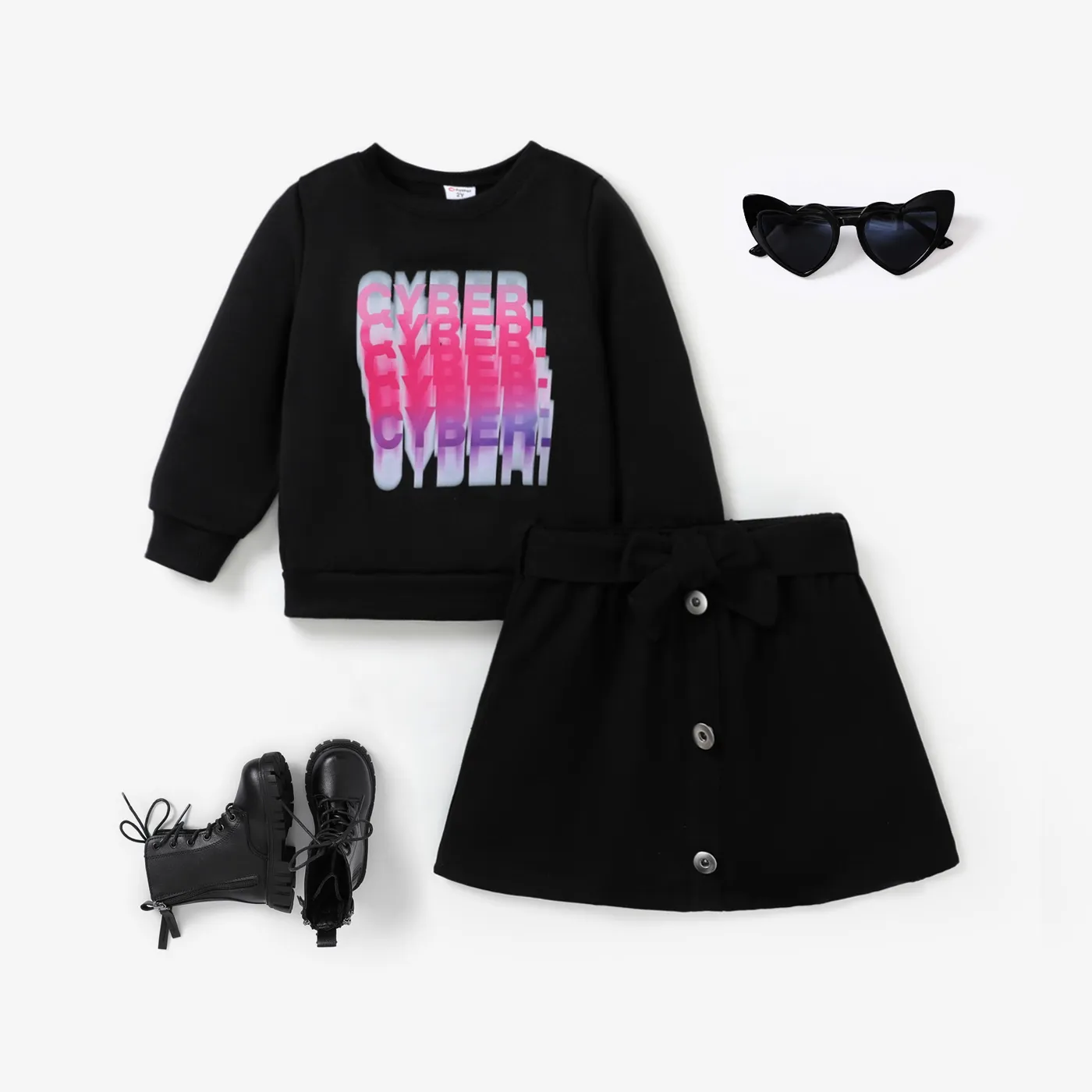  3PCS Toddler Girl Letter Pattern Avant-garde Stand Collar Long Sleeve  Dress Set