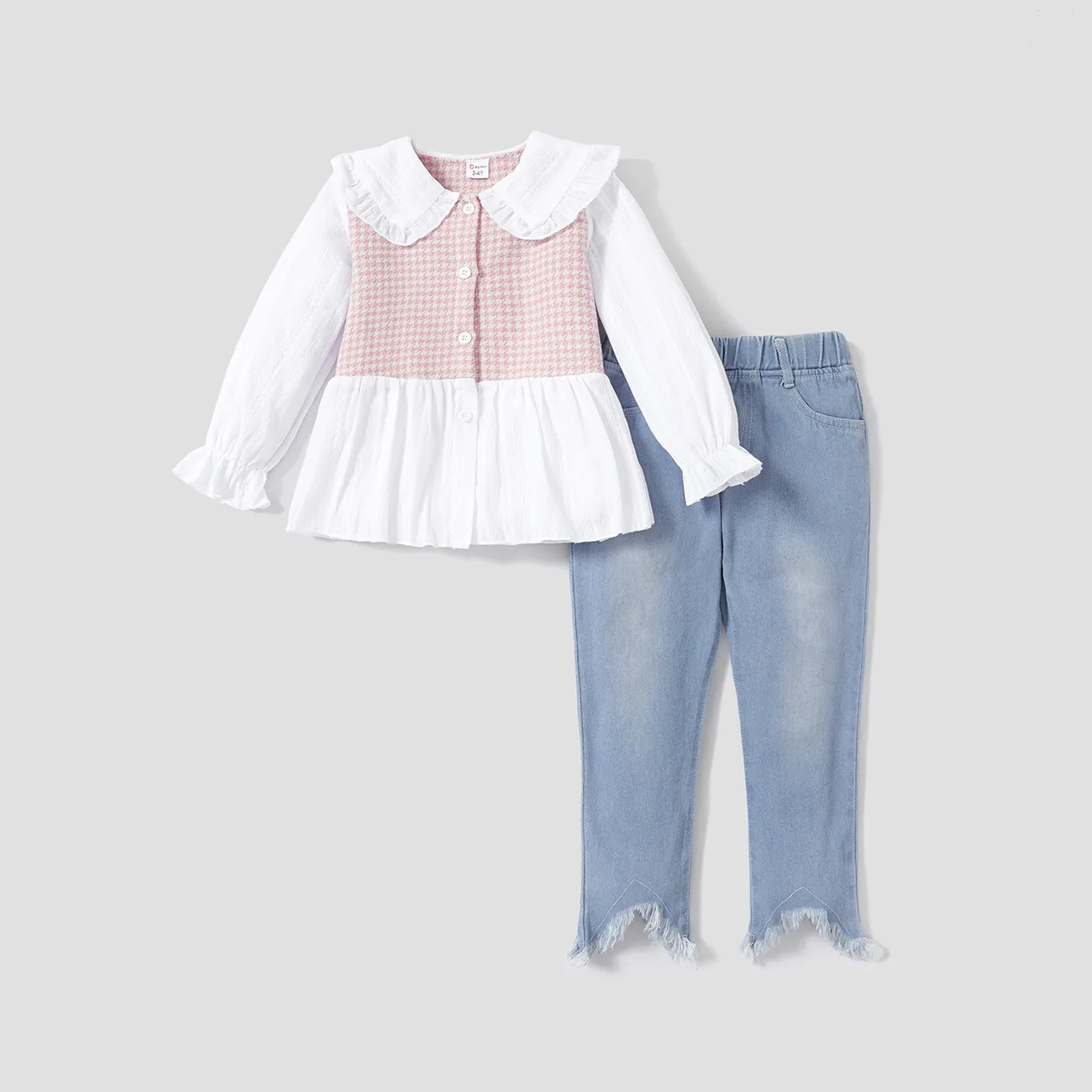 2-piece Toddler Girl Doll Collar Tweed Splice Long-sleeve Top and Ripped Hem Denim Jeans Set Pink big image 1