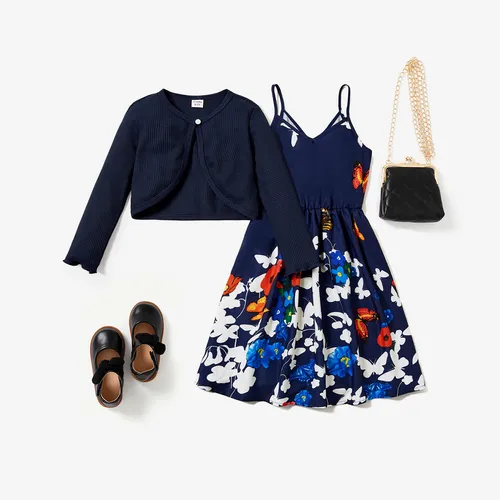 2PCS Kid Girl Sweet Cardigan / Flower Print Camisole Skirt Set 
