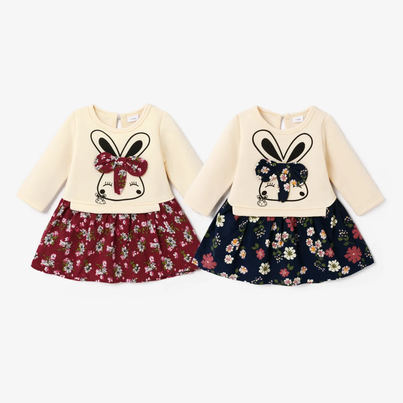 Baby Girl 95% Cotton Long-sleeve Cartoon Rabbit and Floral Print Bowknot Faux-two Dress Red big image 1