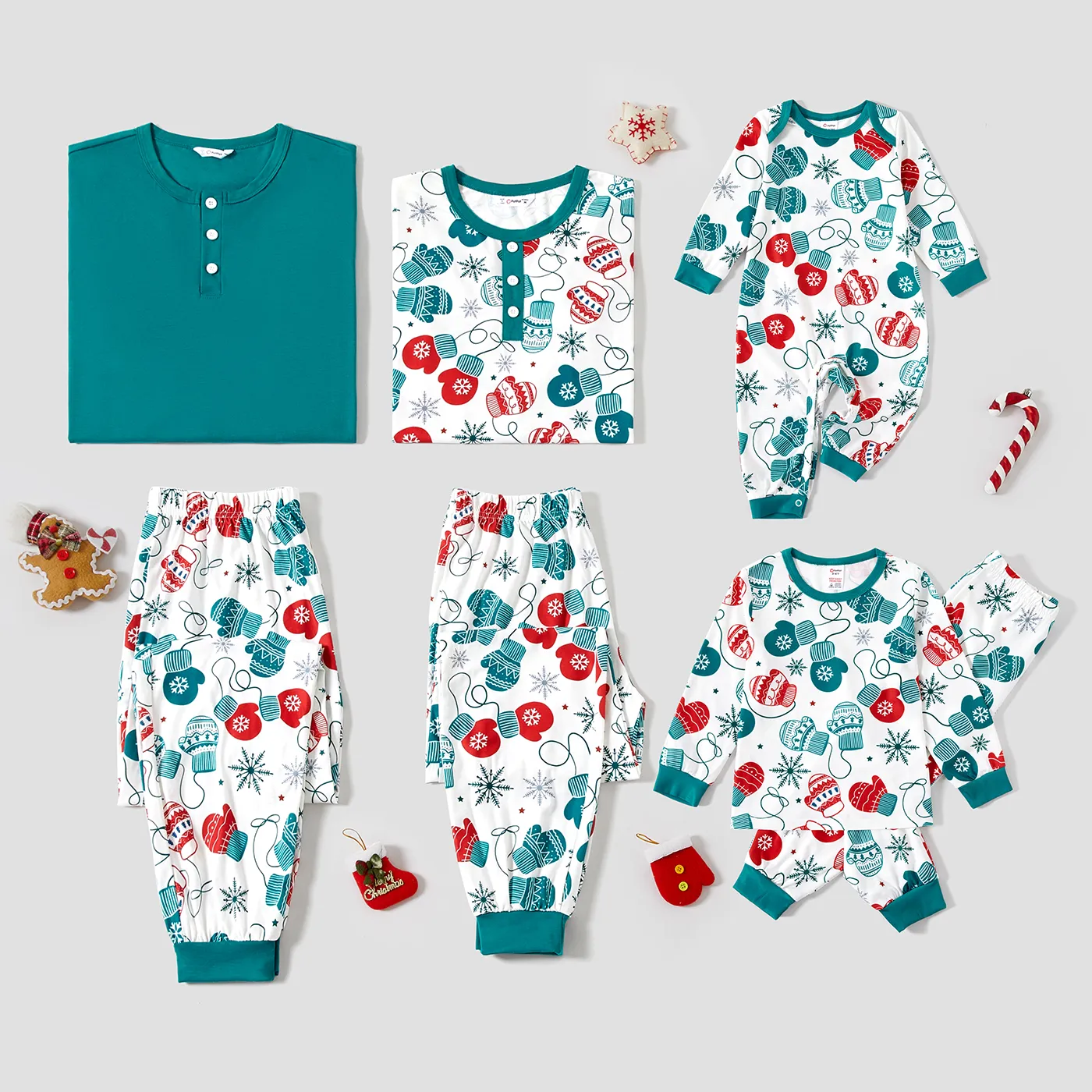 Christmas Family Matching Gloves & Snowflake Print Long-sleeve Pajamas Sets(Flame resistant) Turquoise image 2