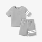 2-piece Kid Boy Striped Short-sleeve Tee and Elasticized Shorts Casual Set Lightgrey