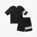 2-piece Kid Boy Striped Short-sleeve Tee and Elasticized Shorts Casual Set Black