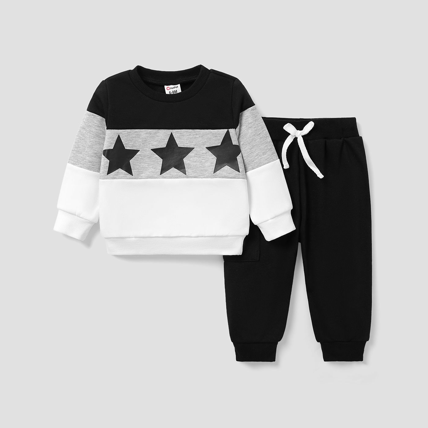 2pcs Baby Boy/Girl Star Print Long-sleeve Colorblock Sweatshirt and Solid Sweatpants Set