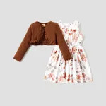 2pcs Toddler Girl Floral Print Sleeveless Dress and Ruffled Brown Cardigan Set  image 2