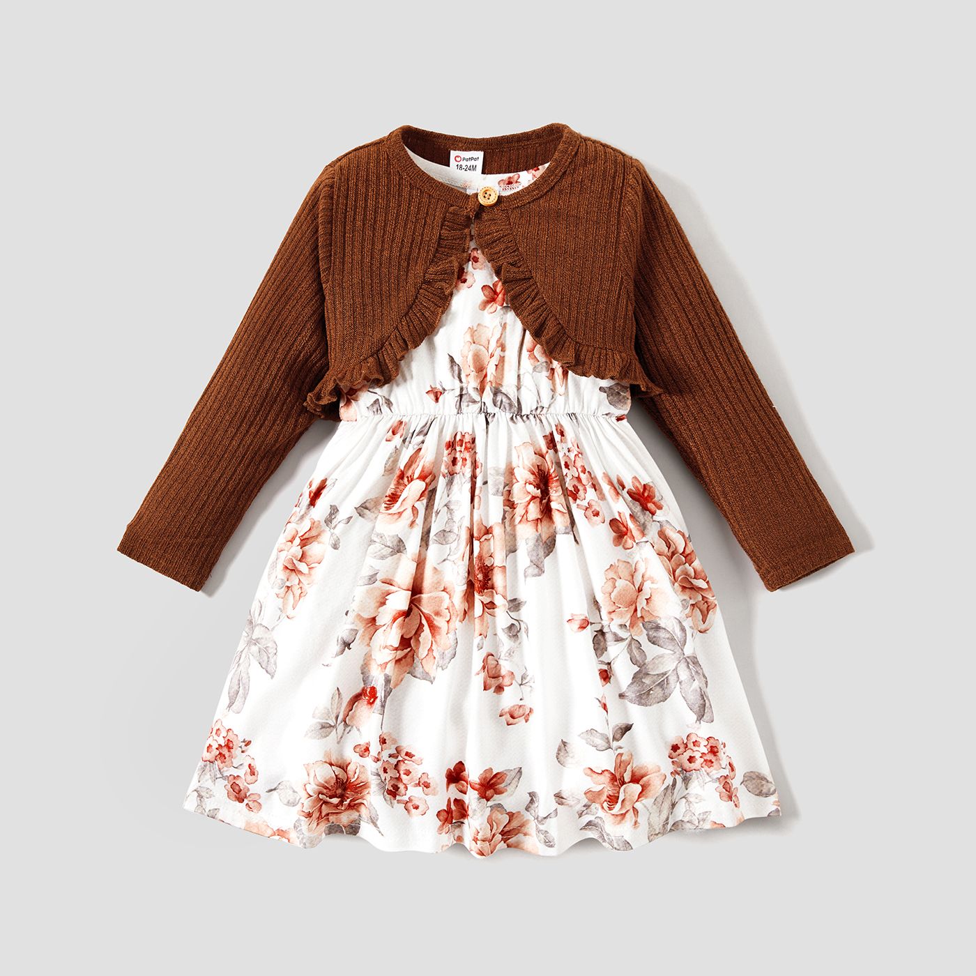 2pcs Toddler Girl Floral Print Sleeveless Dress And Ruffled Brown Cardigan Set