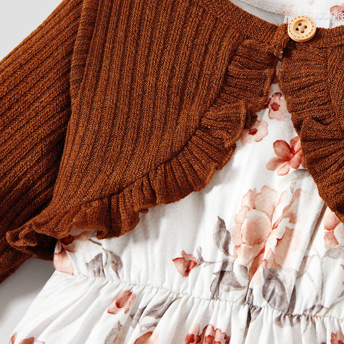 2pcs Toddler Girl Floral Print Sleeveless Dress and Ruffled Brown Cardigan Set  image 4