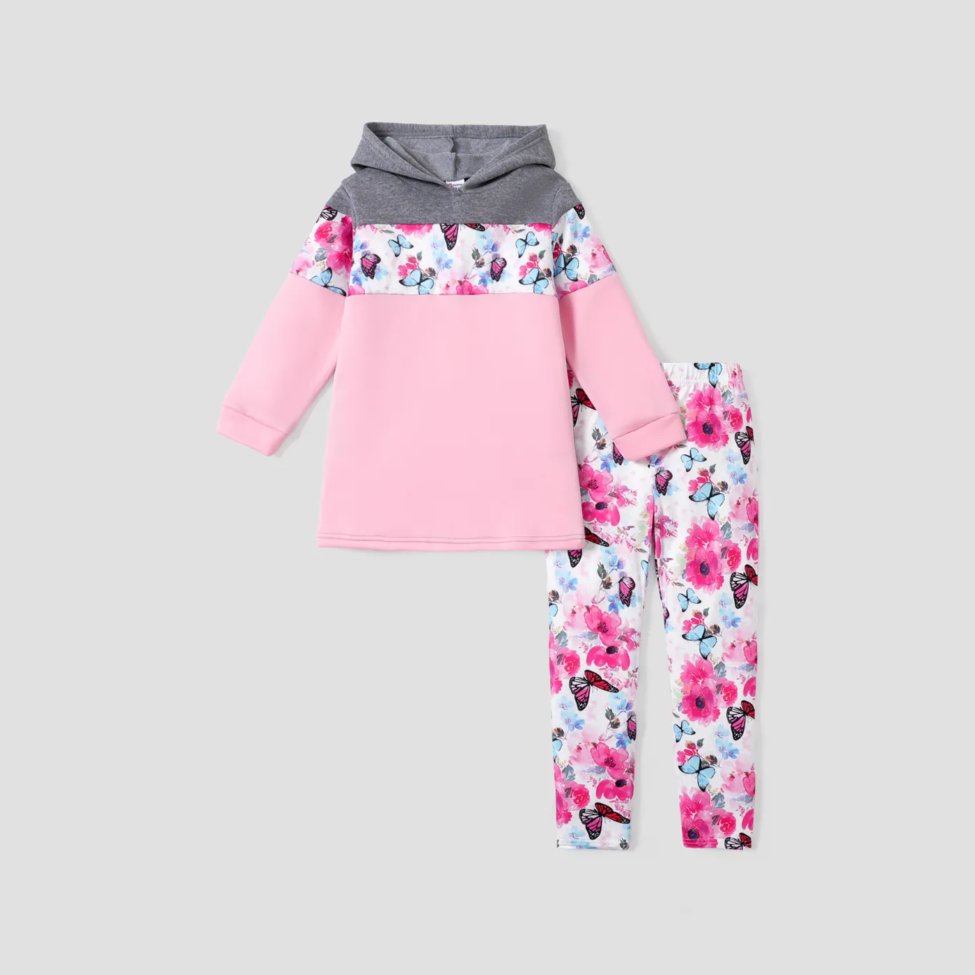2-piece Kid Girl Floral Print Colorblock Hoodie Sweatshirt and Elasticized Pants Set Grey