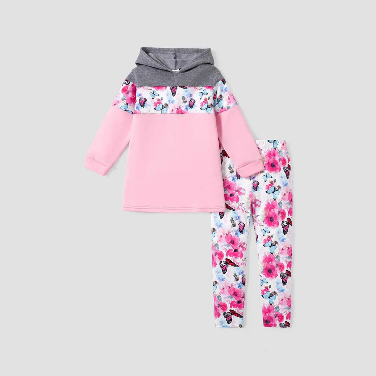 2-piece Kid Girl Floral Print Colorblock Hoodie Sweatshirt and Elasticized Pants Set Grey big image 1