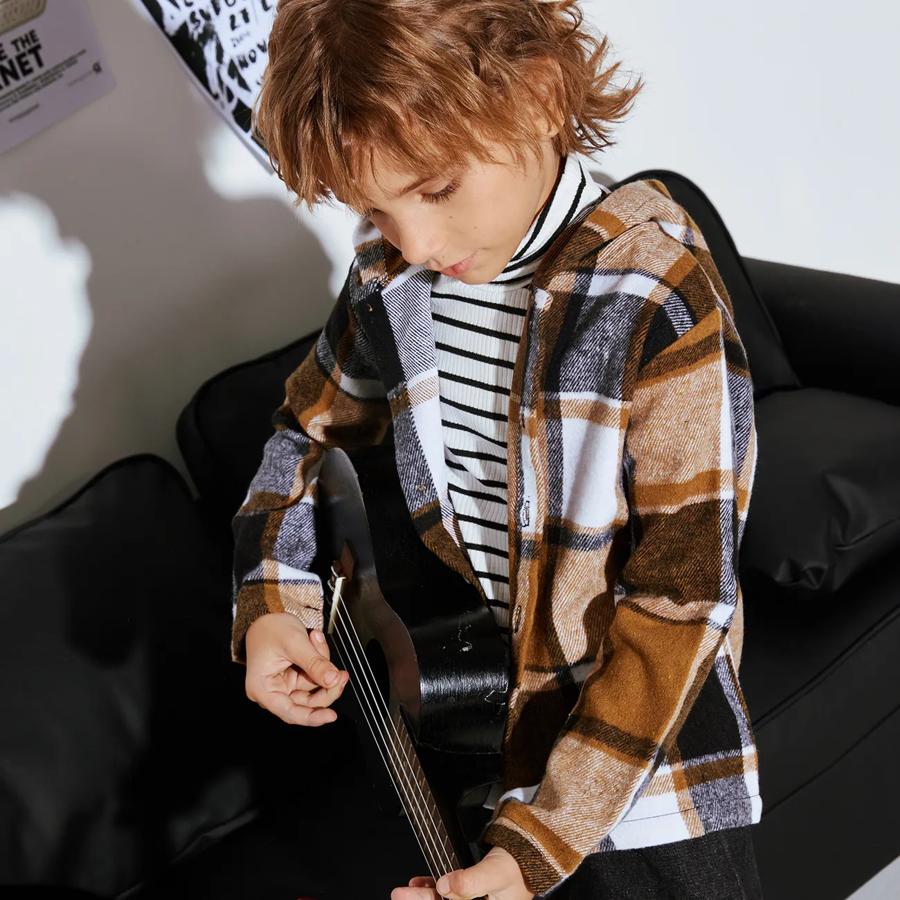 Kid Boy com capuz xadrez mangas compridas camisa jaqueta Cor de Caqui big image 1