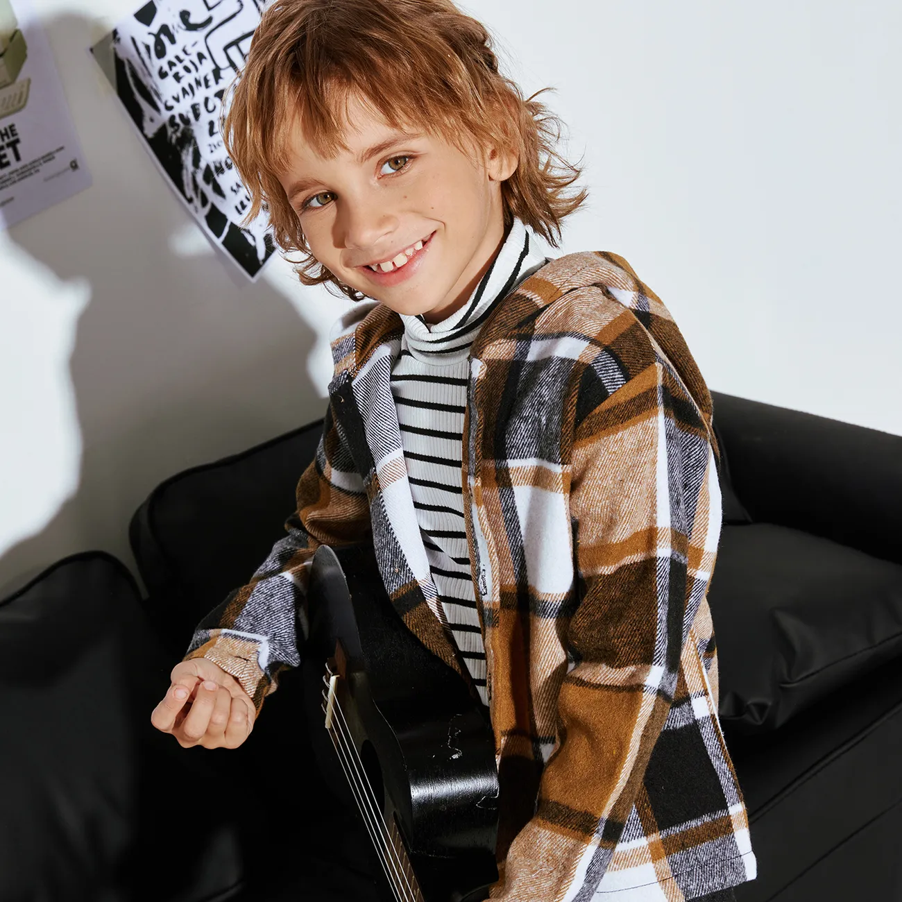 Kid Boy Hooded Plaid Long Sleeves Camicia Giacca Khaki big image 1