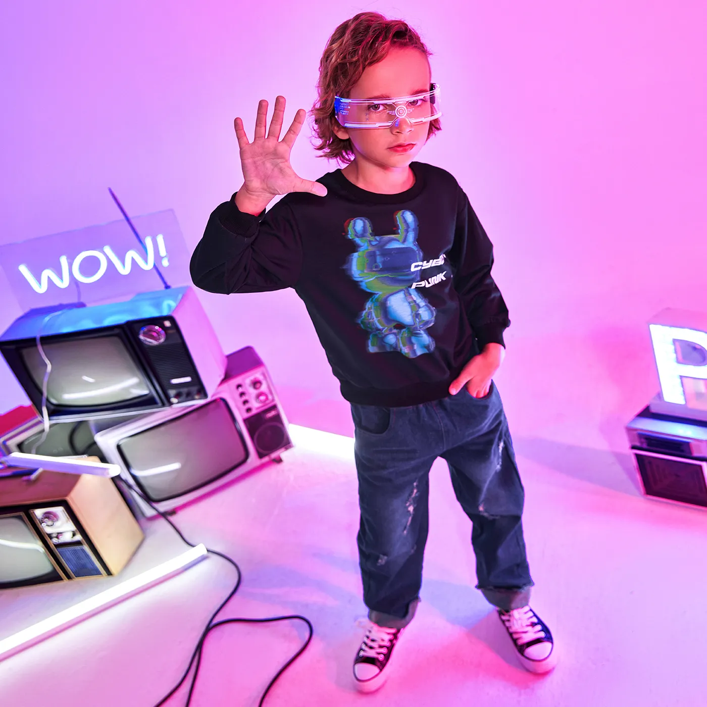 2pcs Avant-garde Toddler Boy Cyberpunk Teddy Set Black image 6