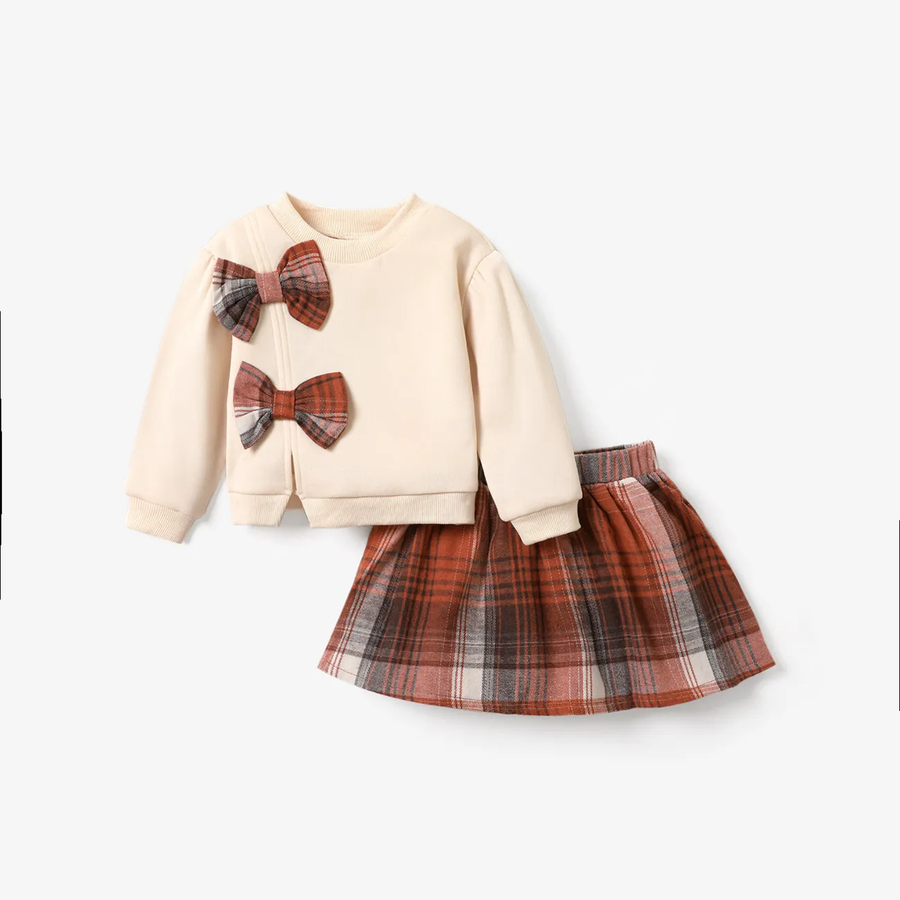 2-piece Toddler Girl Bowknot Design Sweatshirt and Plaid Skirt Set Apricot big image 1