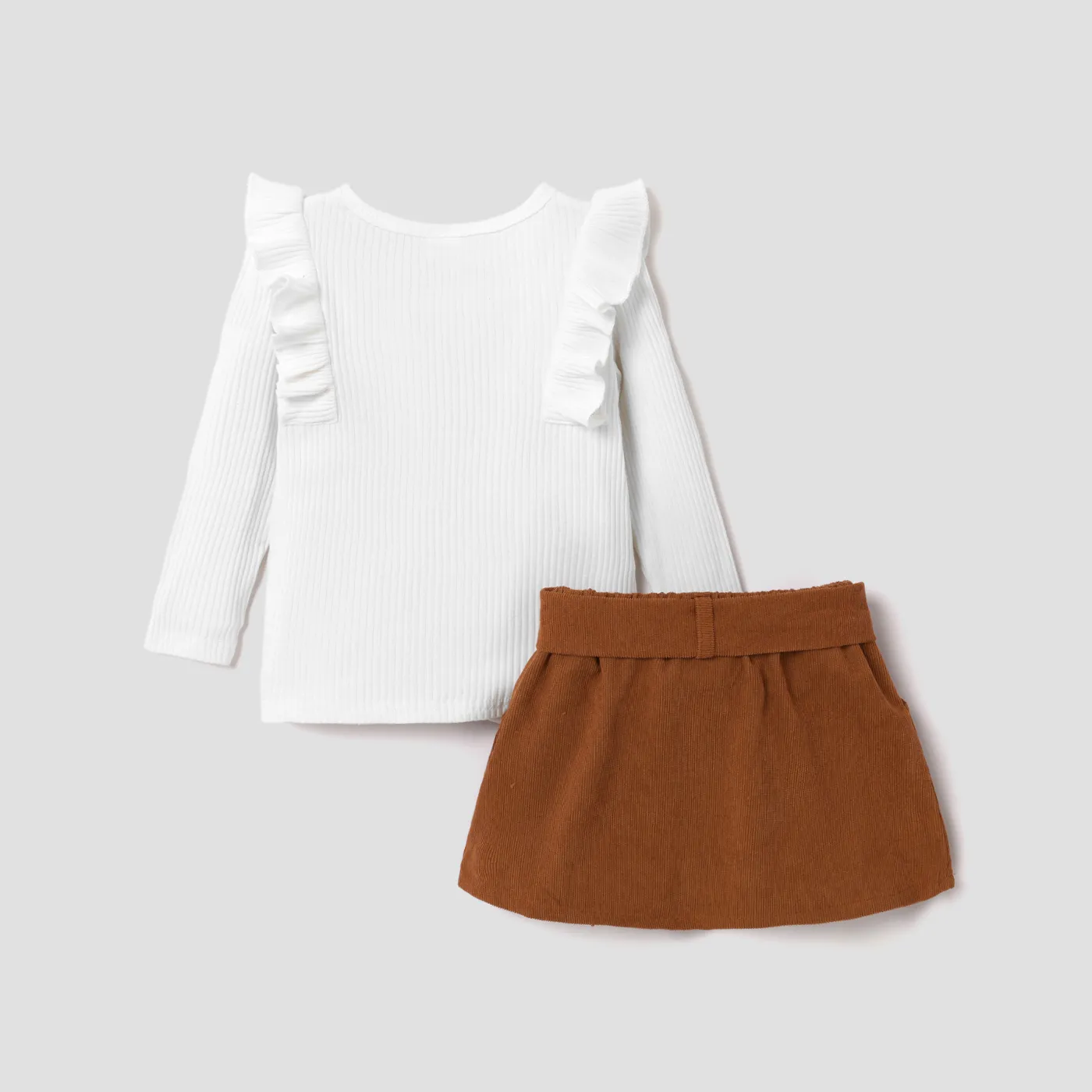 2pcs Toddler Girl Trendy Ruffled Ribbed Tee and Button Design Corduroy Skirt Set White image 2