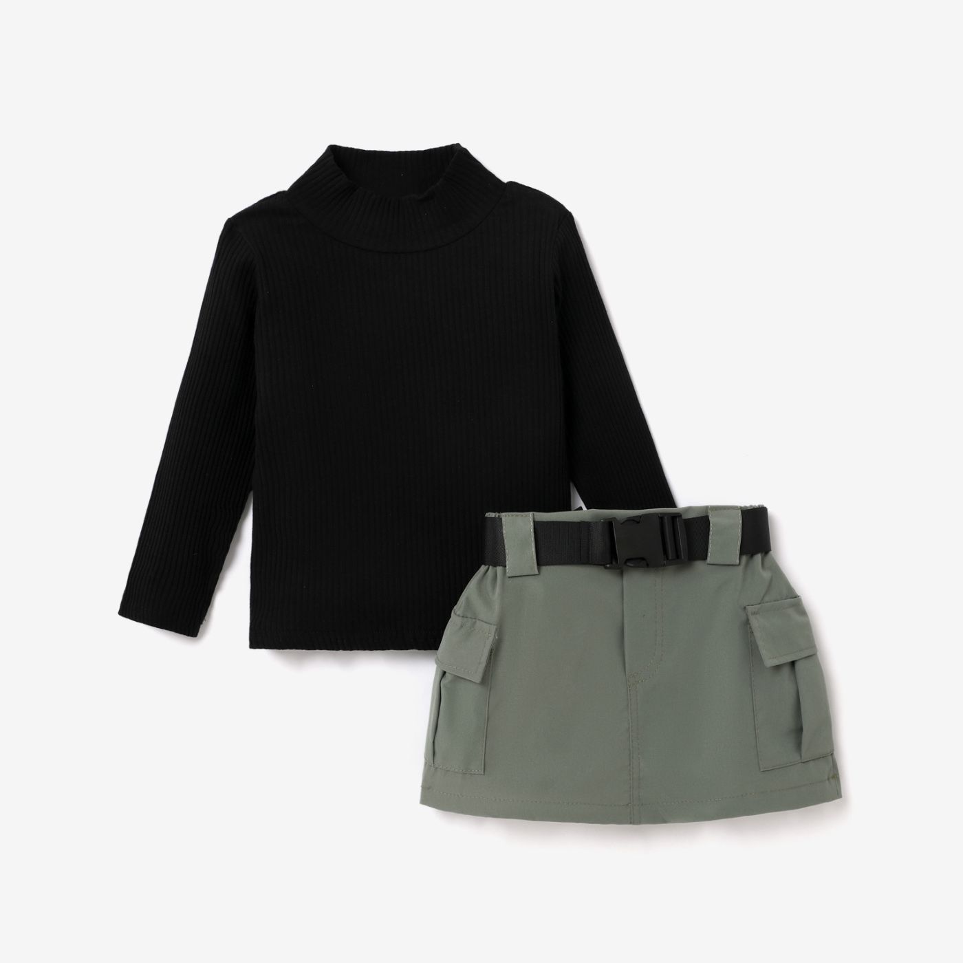 3pcs Toddler Girl Trendy Mock Neck Tee And Pocket Design And Belt Skirt Set