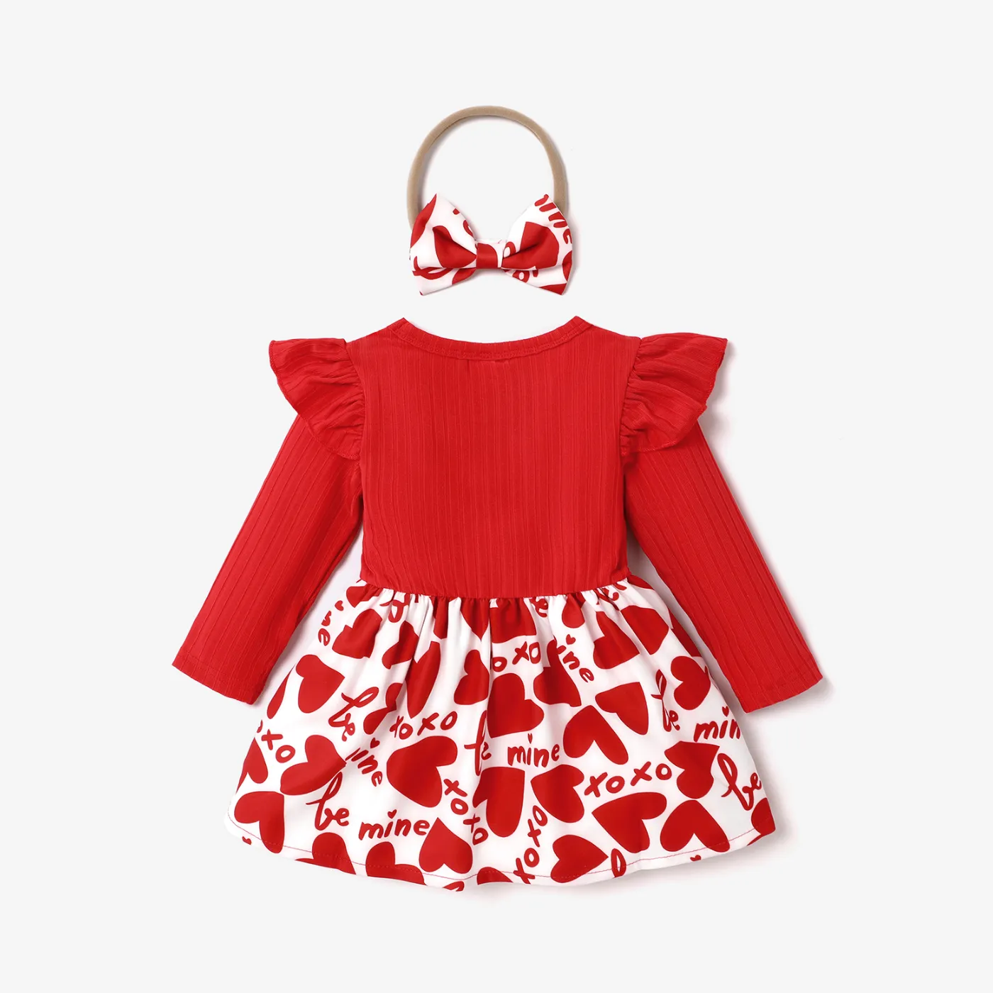 2pcs Baby Girl Red Ribbed Ruffle Long-sleeve Spliced Heart & Letter Print Dress with Headband Set Red image 2