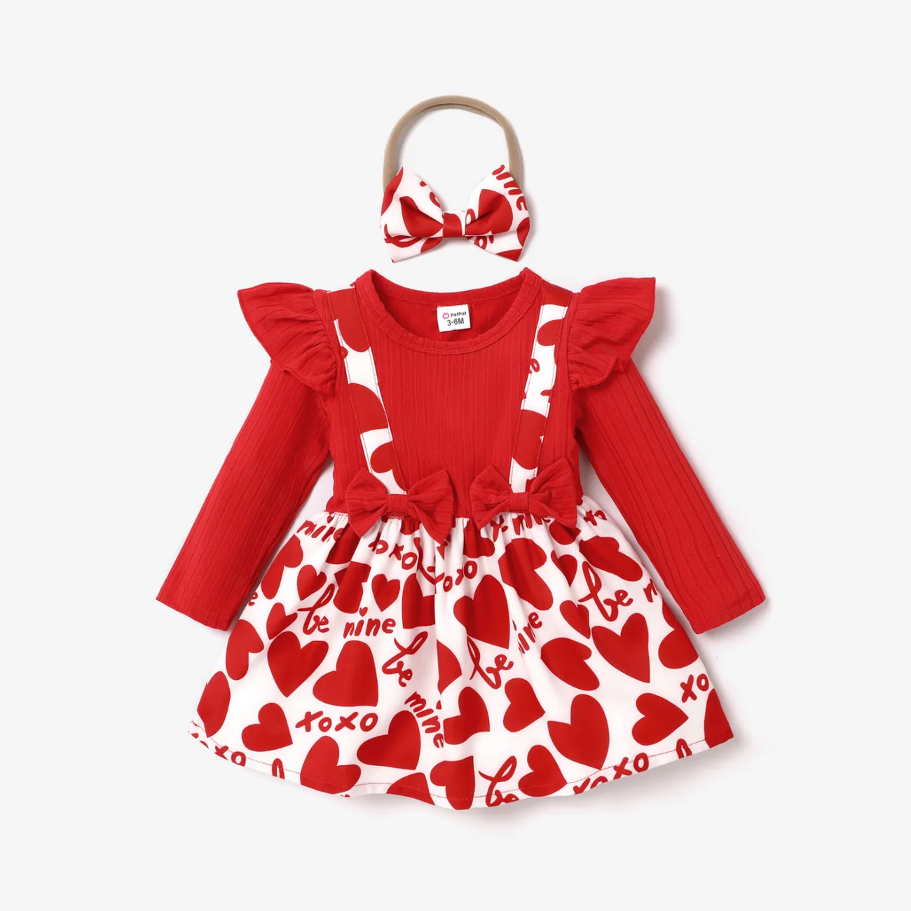 2pcs Baby Girl Red Ribbed Ruffle Long-sleeve Spliced Heart & Letter Print Dress with Headband Set  big image 1