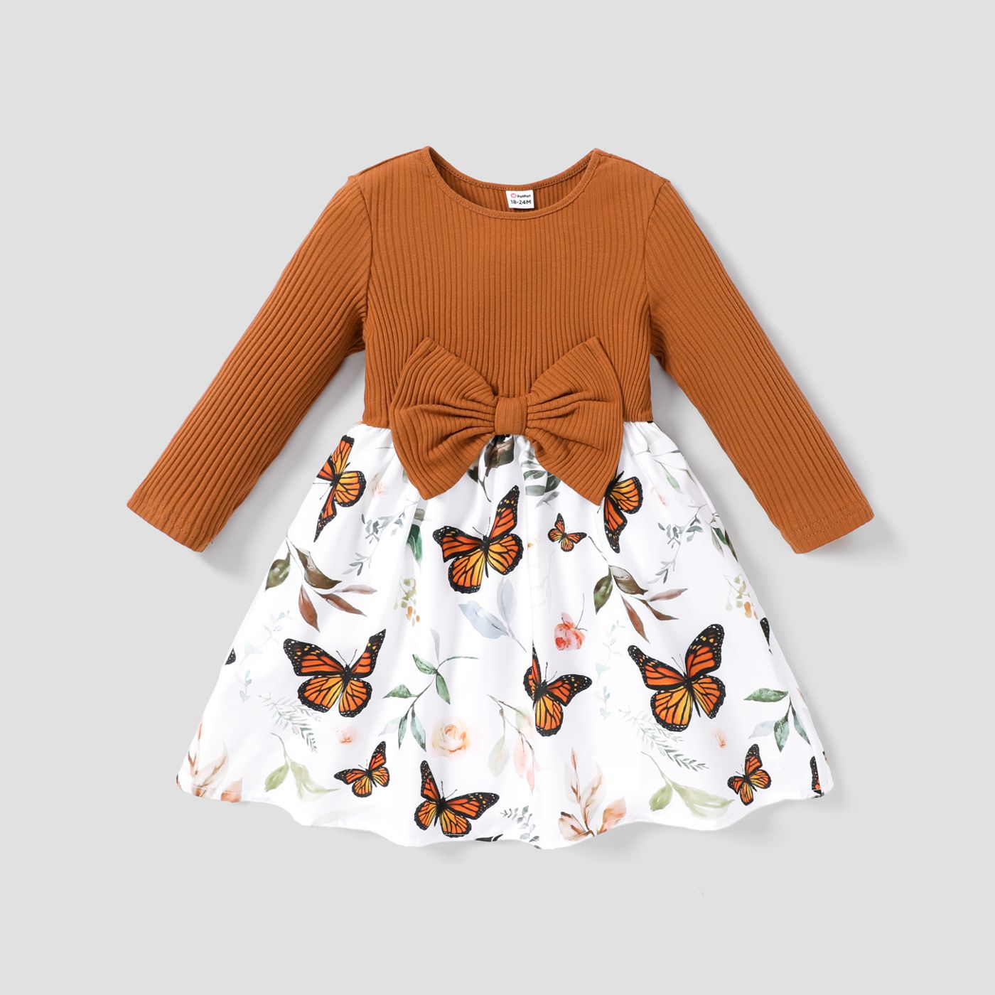 Toddler Girl Floral Leaf/Butterfly Print Splice Bowknot Design Long-sleeve Dress