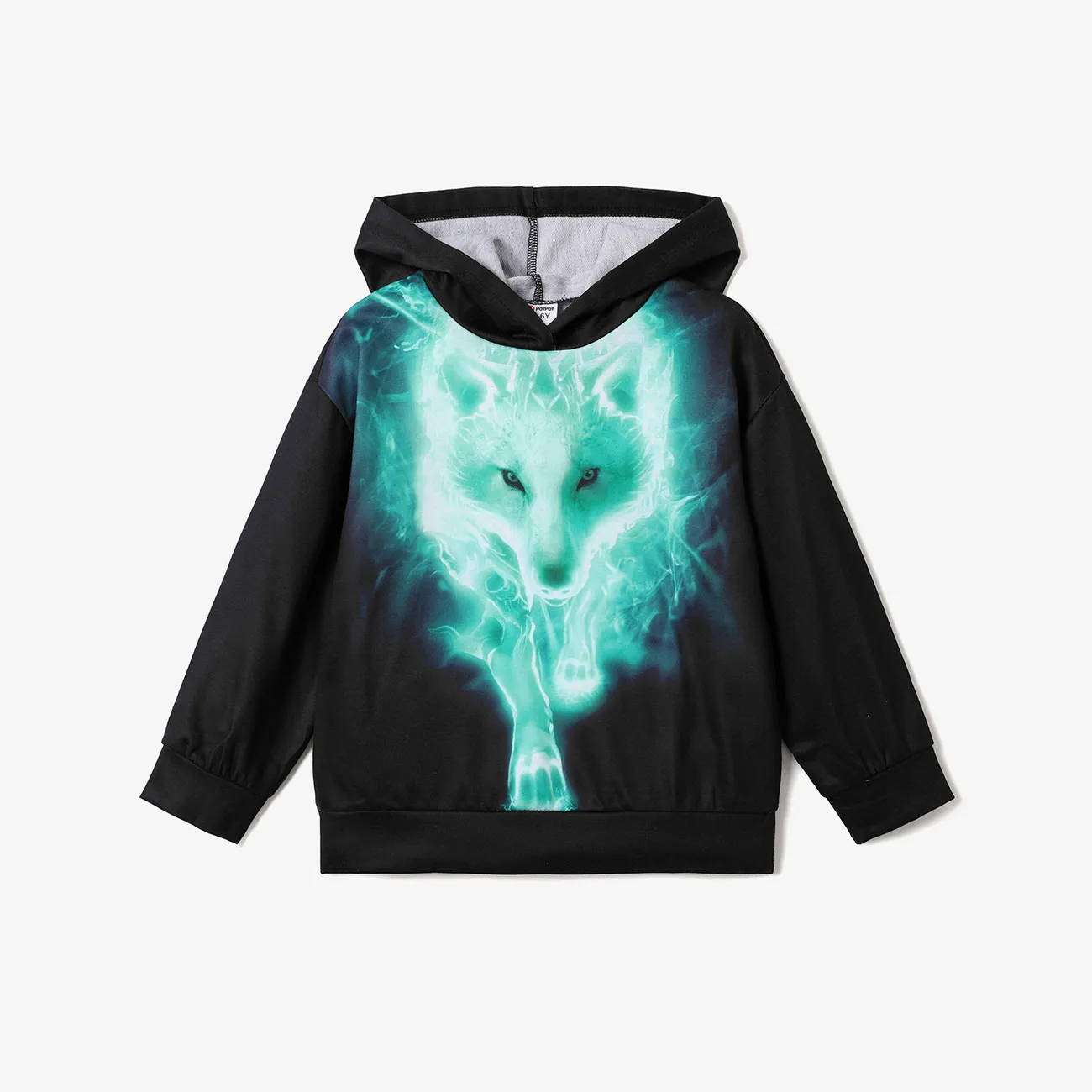 Kid Boy Trendy Animal Wolf Print Hoodie Sweatshirt Turquoise big image 1