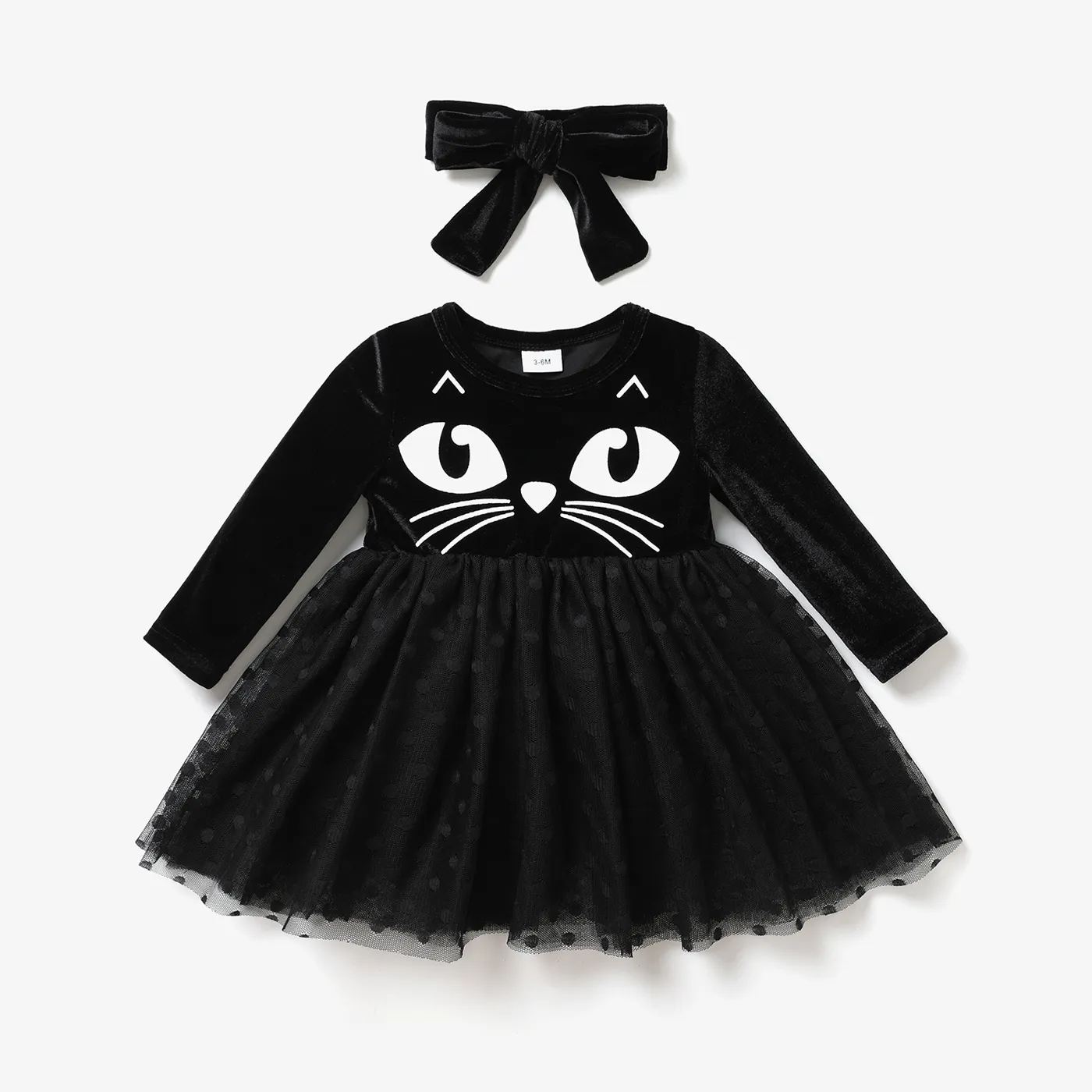 2PCS Sweet Baby girl Cat Expression Stitched Dress Black big image 1