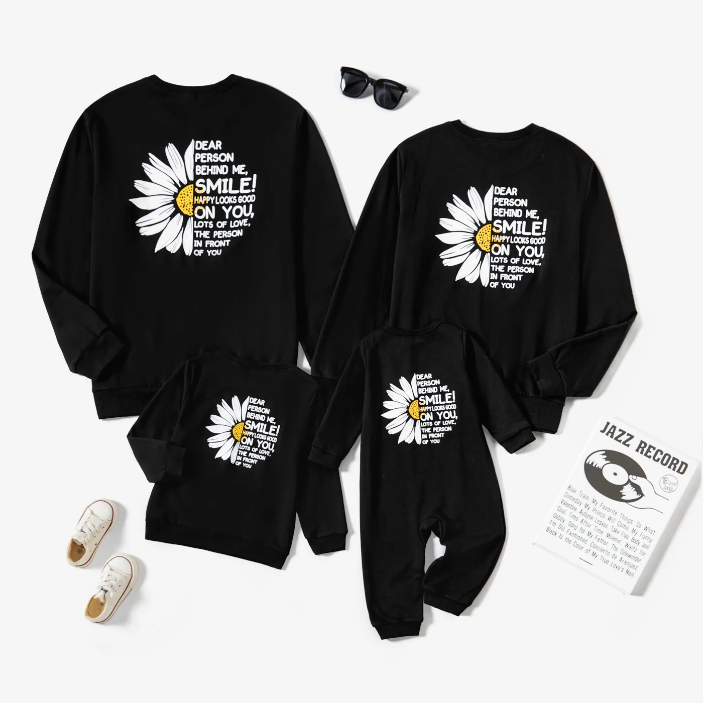 Family Matching Casual Daisy&Letters Print Long Sleeve Tops Black image 2