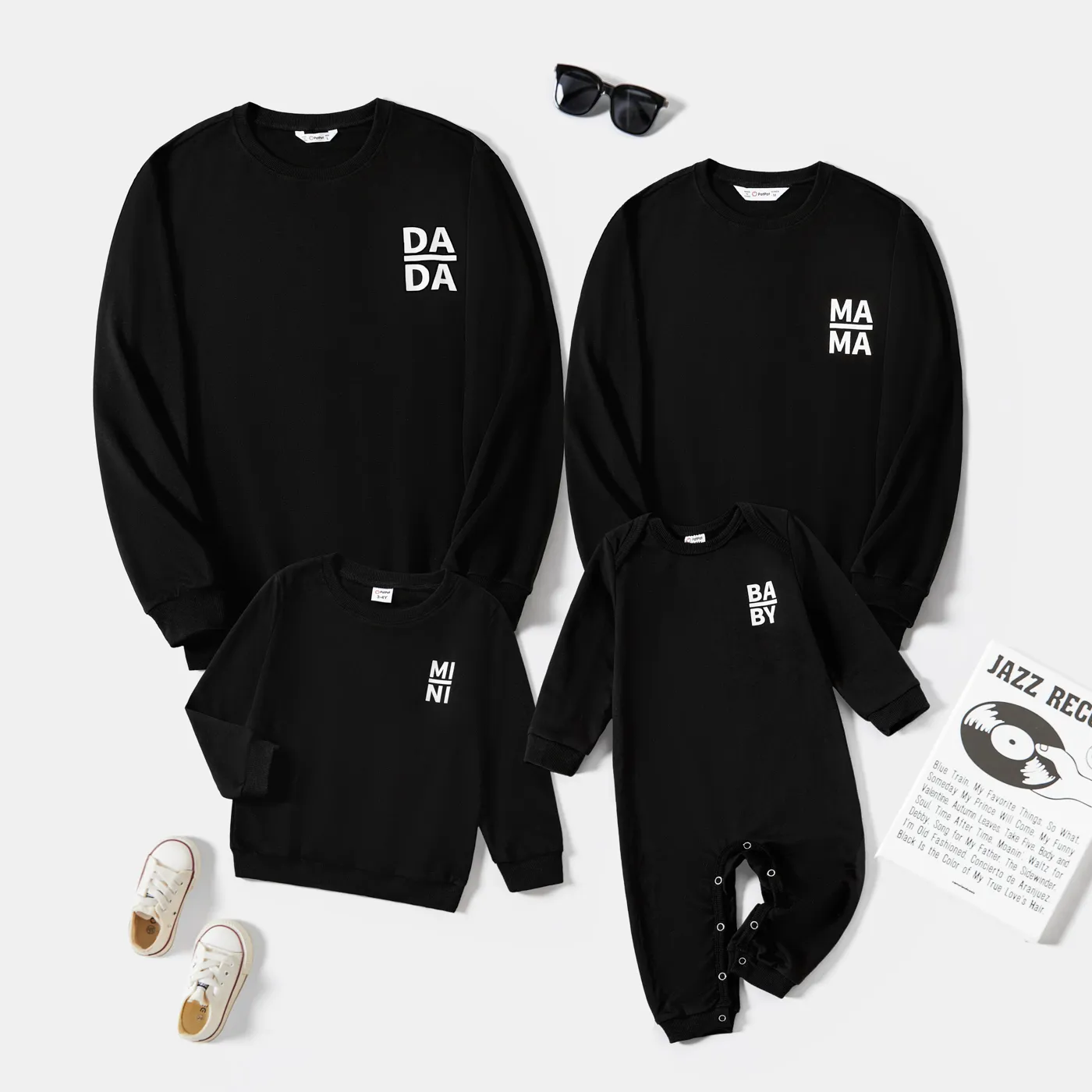 Family Matching Casual Daisy&Letters Print Long Sleeve Tops Black image 3