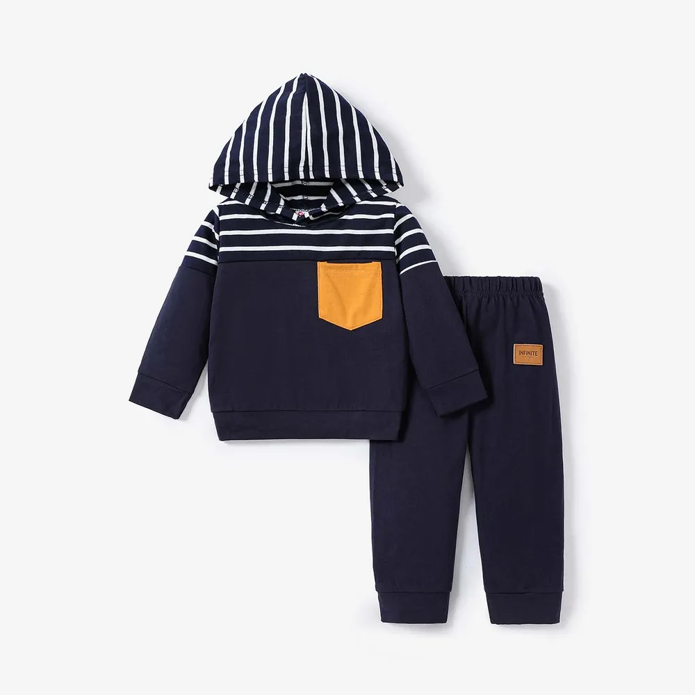 2pcs Baby Boy Long-sleeve Striped Spliced Hoodie and Badge Detail Sweatpants Set big image 1
