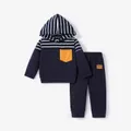 2pcs Baby Boy Long-sleeve Striped Spliced Hoodie and Badge Detail Sweatpants Set  image 1