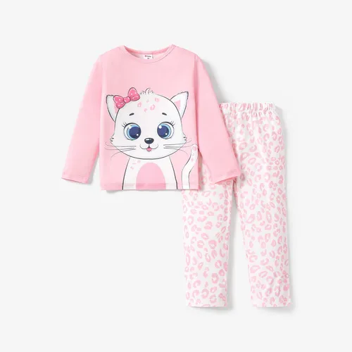Kleinkind Mädchen 2-teiliges Katzen-Print-Pyjama-Set