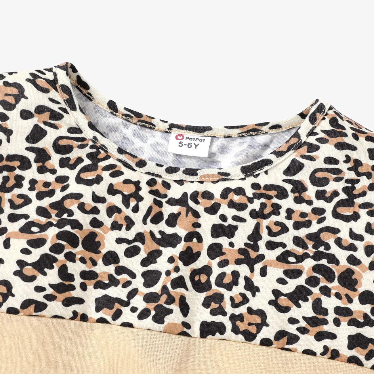 Kid Girl Leopard Print Colorblock Tie Knot Long-sleeve Tee Khaki big image 1