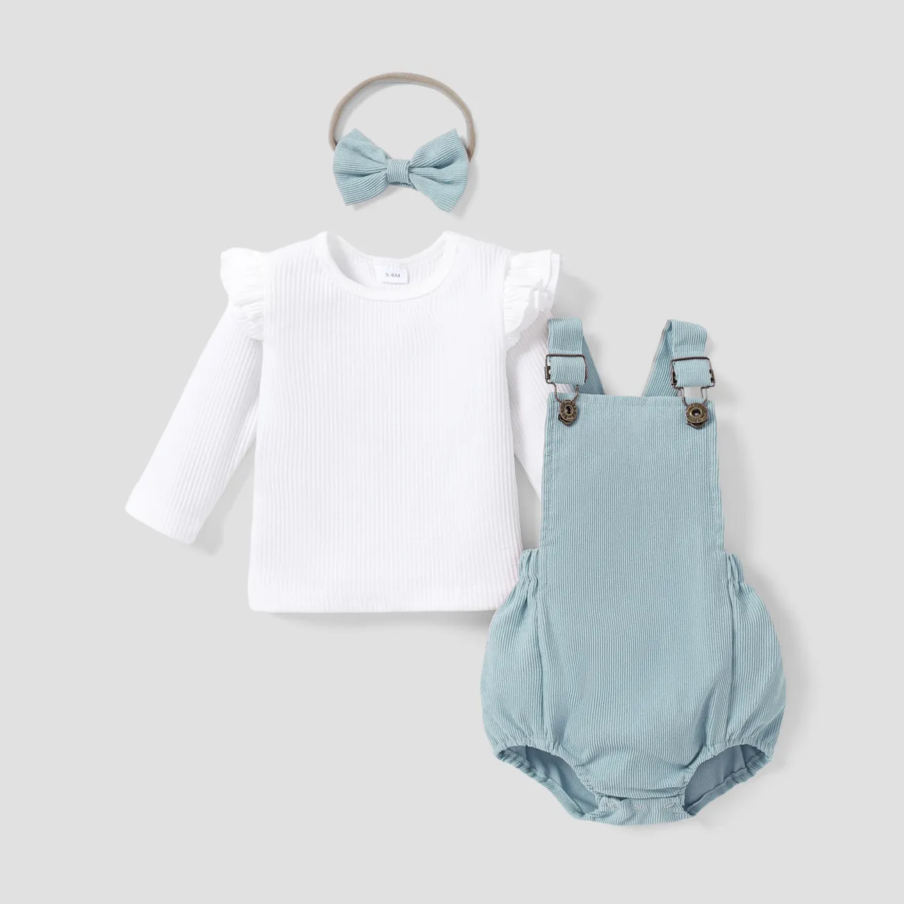 3pcs Baby Girl Solid Ribbed Ruffle Sleeve Top and Overall Shorts with Headband Set Light Blue big image 1