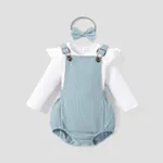 3pcs Baby Girl Solid Ribbed Ruffle Sleeve Top and Overall Shorts with Headband Set Light Blue
