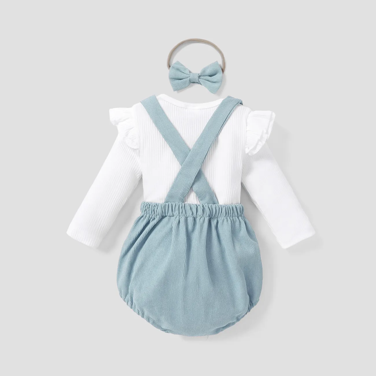 3pcs Baby Girl Solid Ribbed Ruffle Sleeve Top and Overall Shorts with Headband Set Light Blue big image 1