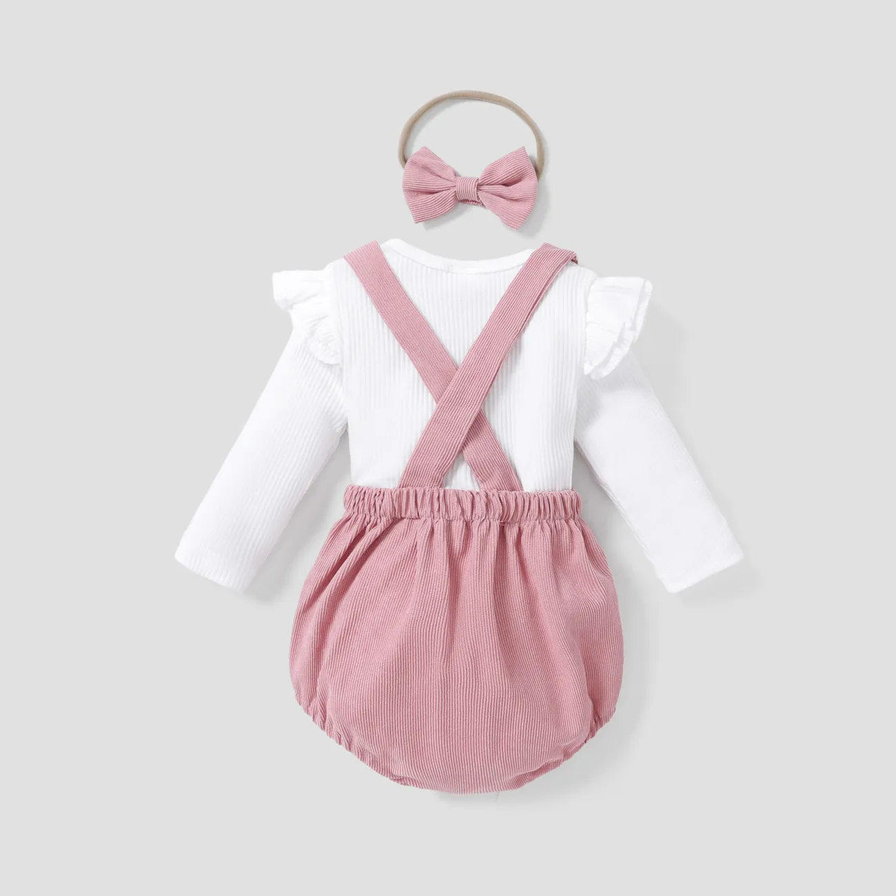 3pcs Baby Girl Solid Ribbed Ruffle Sleeve Top and Overall Shorts with Headband Set Pink big image 1
