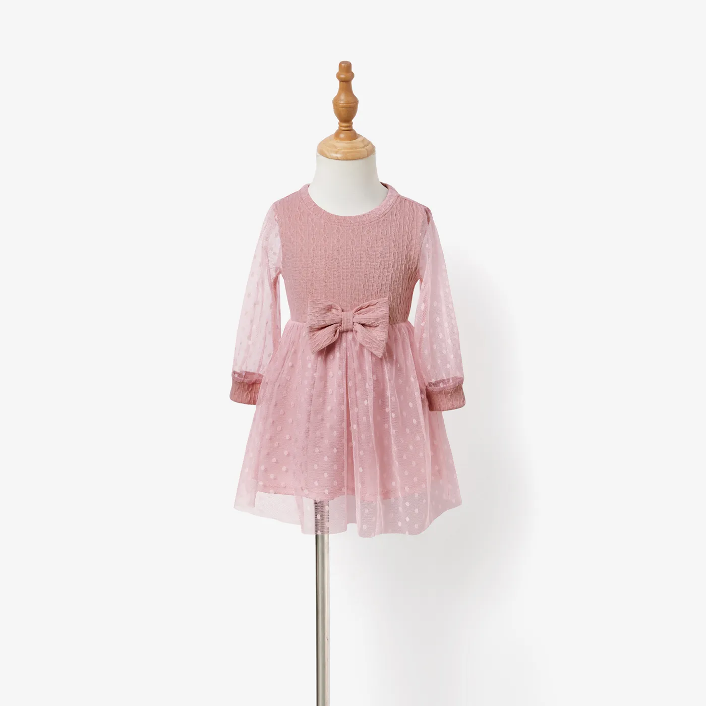 Family Matching Pink Long Sleeve Plaid Shirts Tops and Belted Mesh Dresses Sets  big image 1