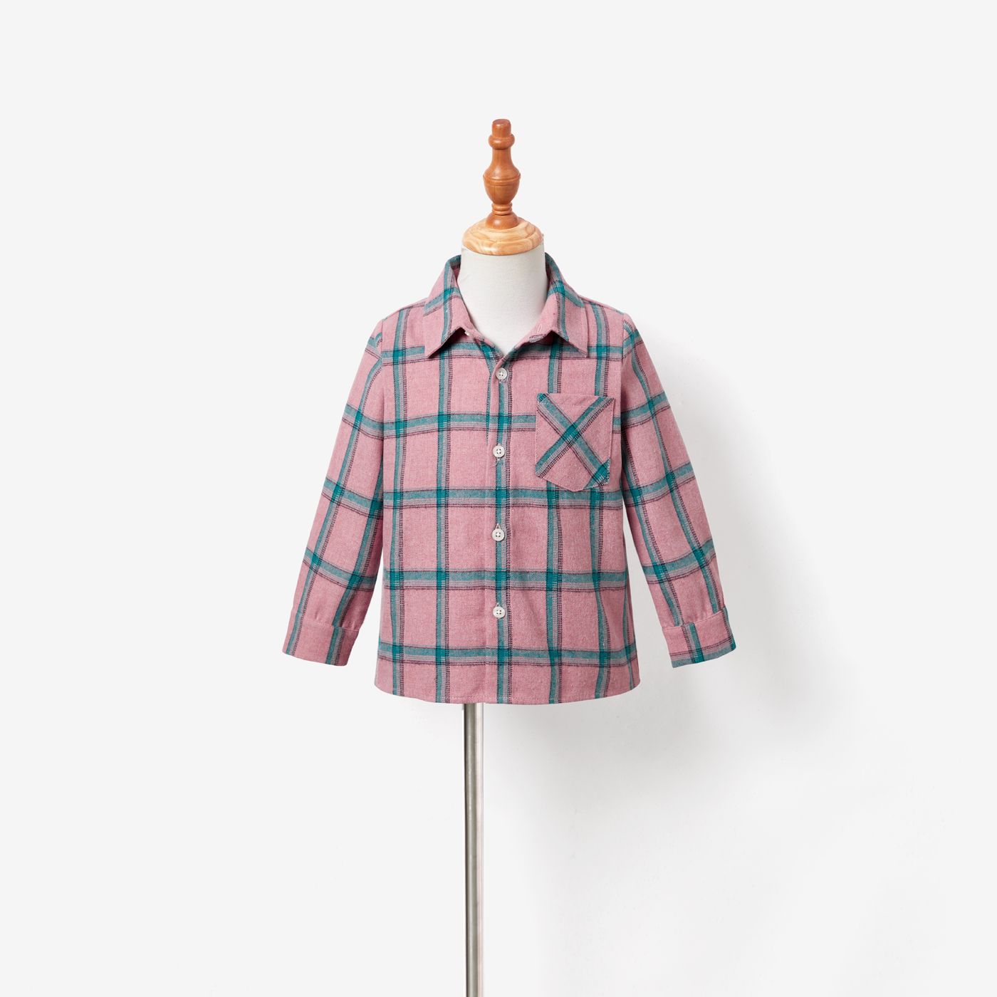 Family Matching Pink Long Sleeve Plaid Shirts Tops And Belted Mesh Dresses Sets